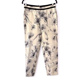 Brooks Brothers 100% Silk Sz 4 Ivory & Black Floral Printed Tapered Pant